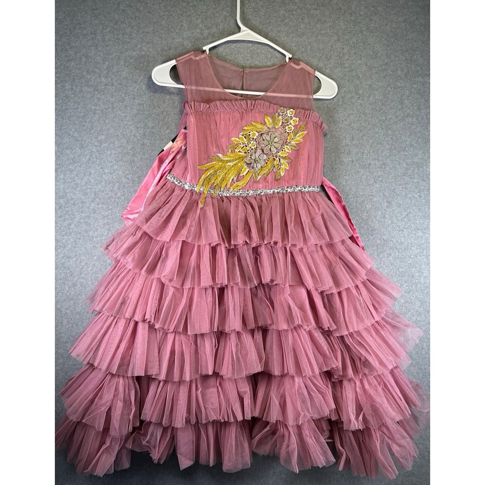 Broken Zipper* SANA'S Girl Pink Tulle Fit & Flare Dress Floral Sequin Ruffle Sz9